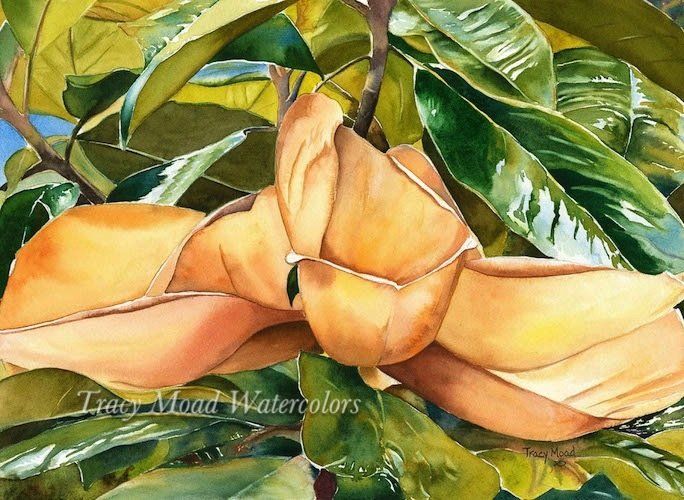 Close-up of a magnolia flower with cream-colored petals and green leaves. Watercolor painting.