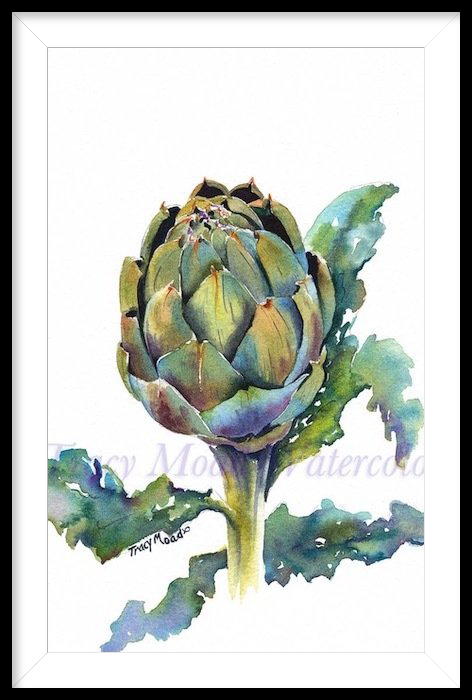 Watercolor painting of a green and purple artichoke with leaves against a white background.