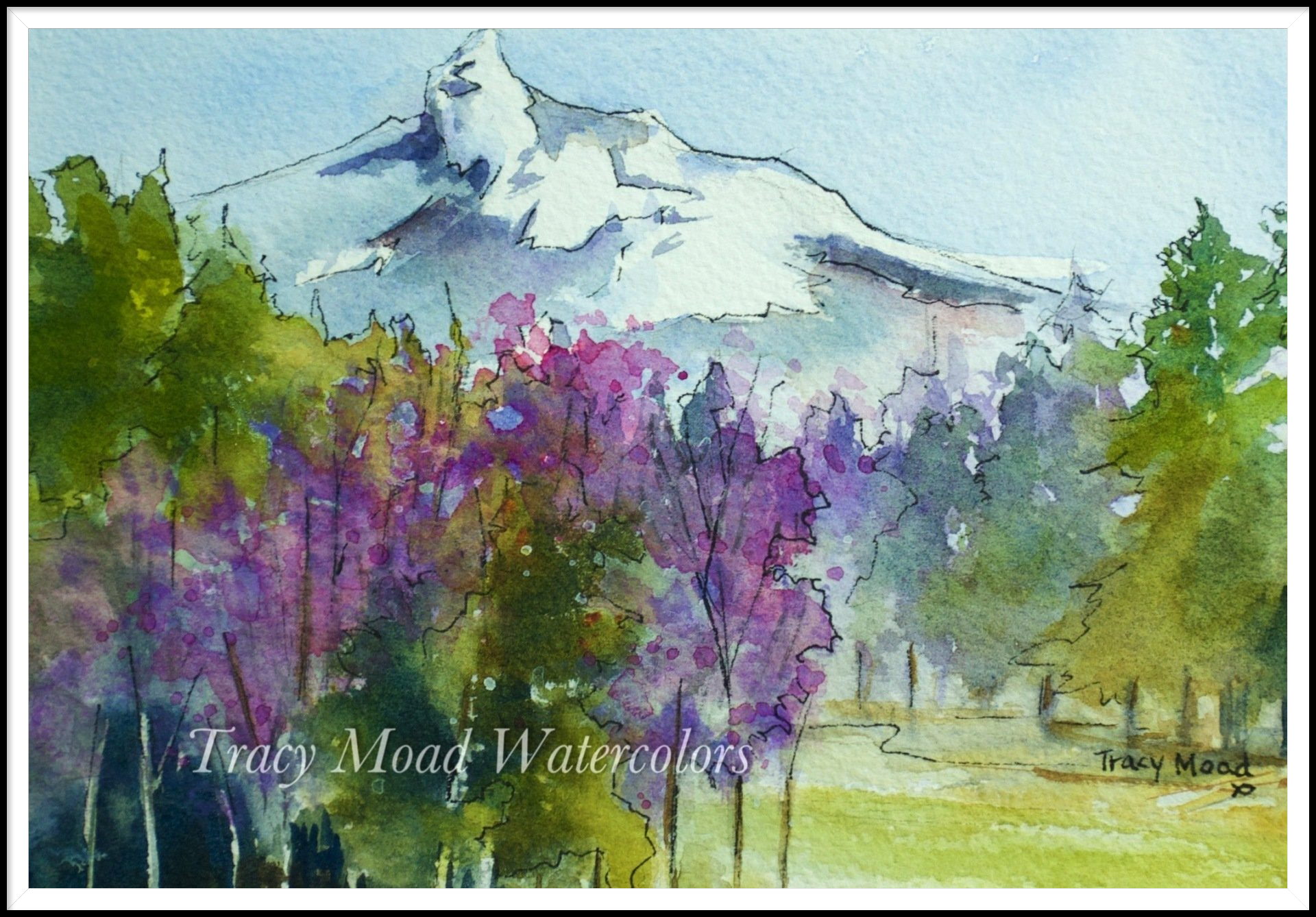 Watercolor landscape of snow-capped mountain behind trees, with purple, green and yellow hues.