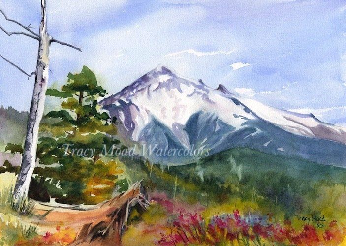 Watercolor painting of a snow-capped mountain, trees, and wildflowers under a blue sky.