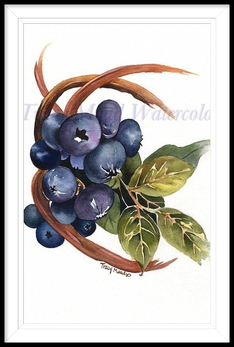 Watercolor painting of blueberries, brown stems, and green leaves.
