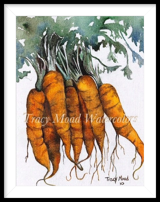 Watercolor of six orange carrots with green tops, in a white framed artwork.