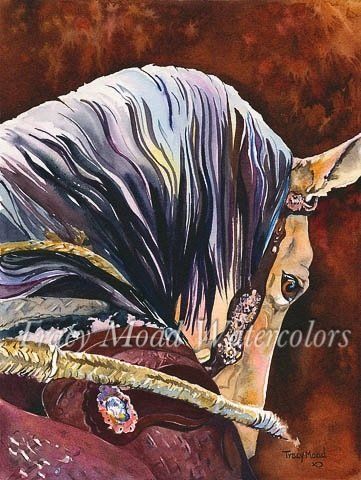 Watercolor painting of a horse's head in profile, adorned with ornate tack, against a brown background.