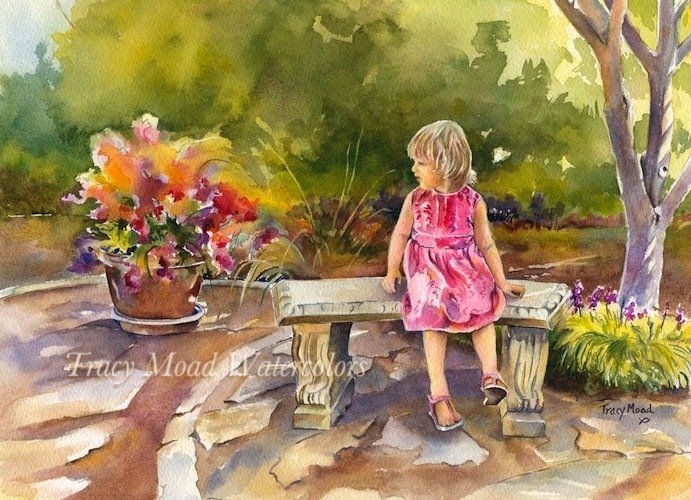 Girl in a pink dress sits on a stone bench in a garden, flowers and a tree in the background.