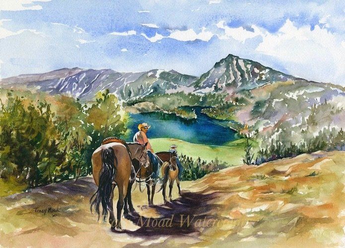 Watercolor painting of a person on horseback, overlooking a lake and mountains. Sunny day.