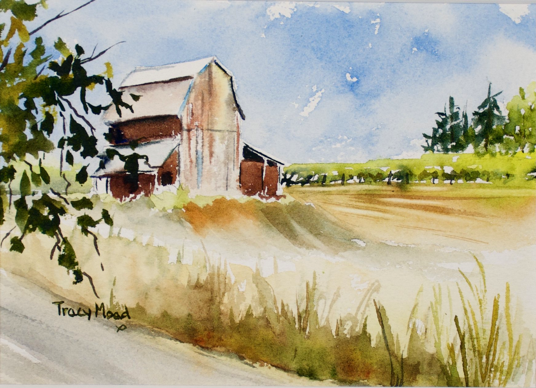 Watercolor painting of a weathered barn in a field, under a blue sky, with trees in the background.