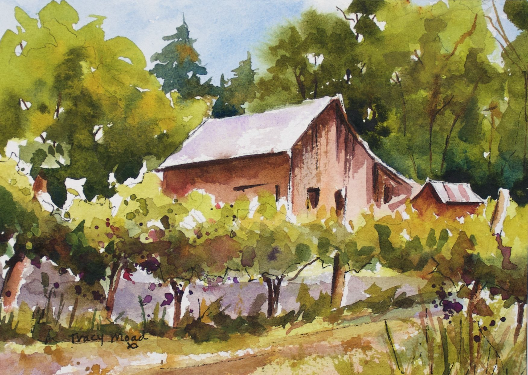 Watercolor painting of an old barn nestled among trees and foliage, bathed in warm sunlight.