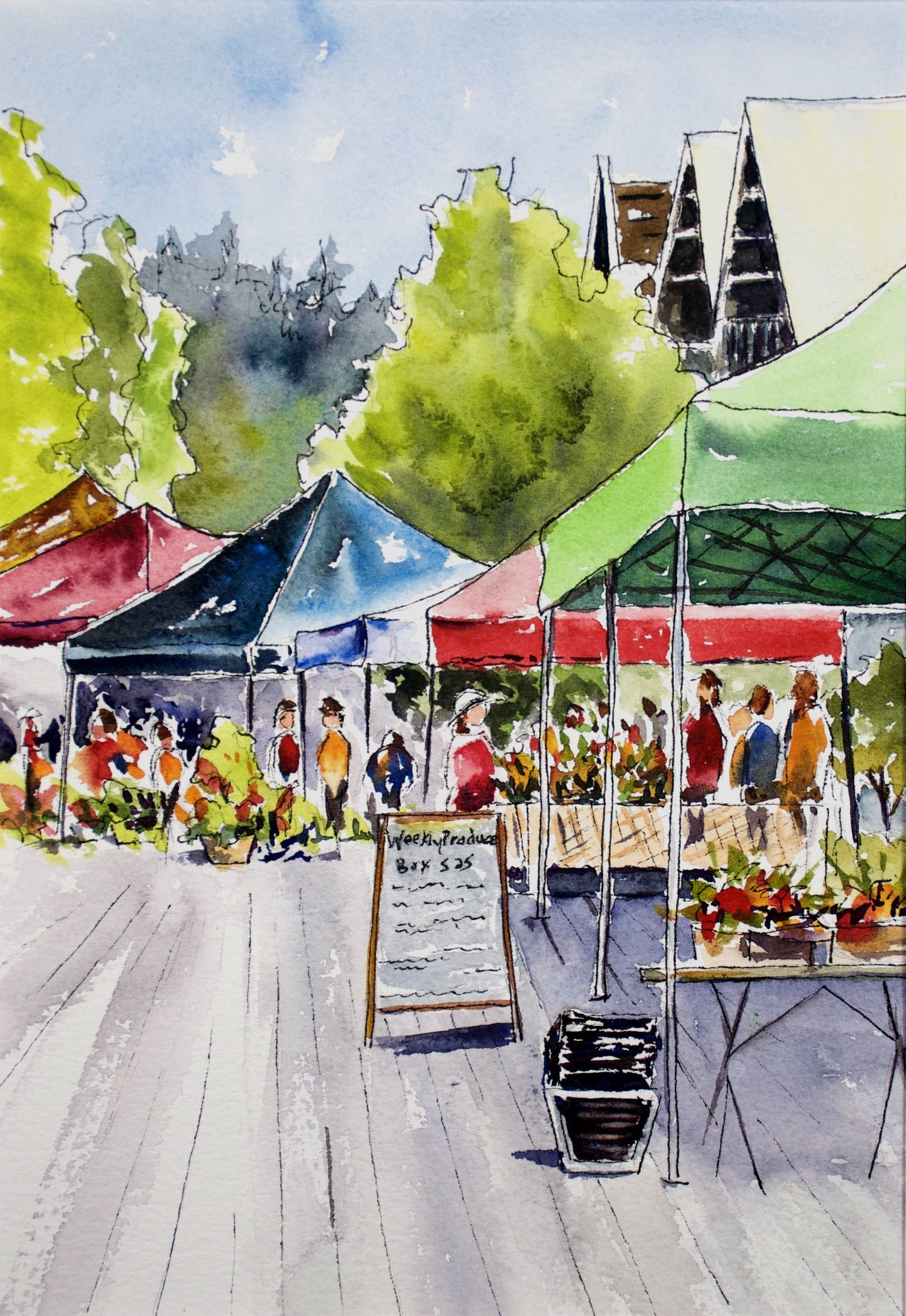 Watercolor painting of a bustling outdoor market with colorful tents, people browsing, and trees in the background.