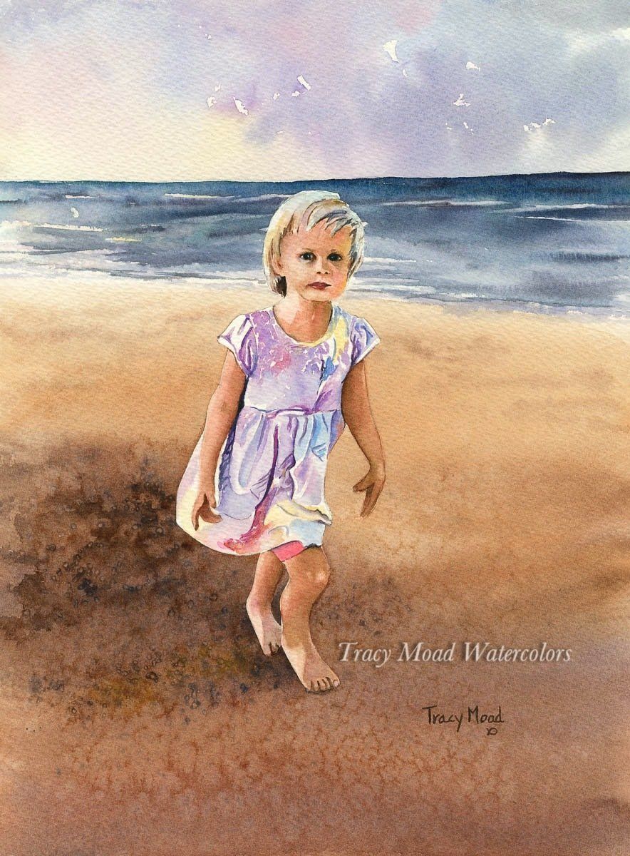 Blond child in a purple dress walks barefoot on a beach, waves and sky in the background.