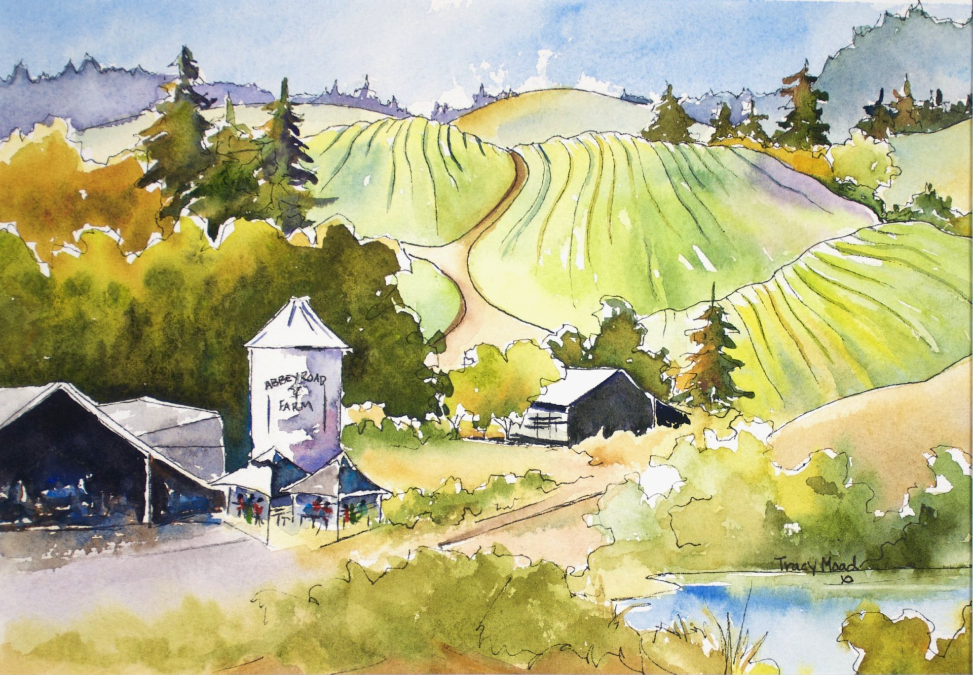 Watercolor painting of a farm with rolling green fields, buildings, and a silo under a partly cloudy sky.
