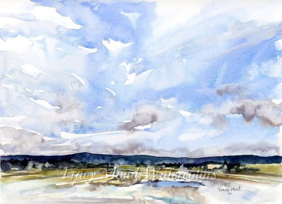 Watercolor painting of a cloudy sky over a distant treeline and a light-colored foreground. Blue, grey, and brown hues.