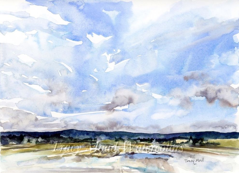Watercolor painting of a cloudy sky over a distant treeline and a light-colored foreground. Blue, grey, and brown hues.