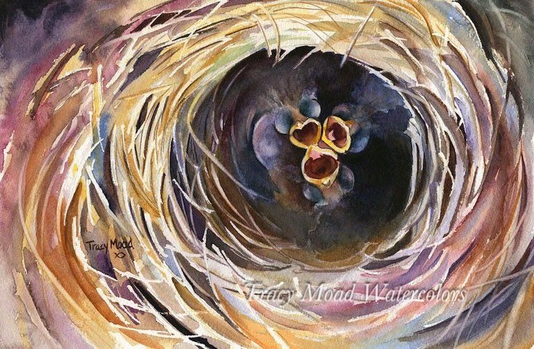 Watercolor painting of a bird's nest with eggs, inside a swirl of straw and earth-tone hues.