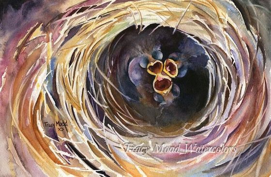 Watercolor painting of a bird's nest with four small eggs nestled inside; earthy tones and intricate details.