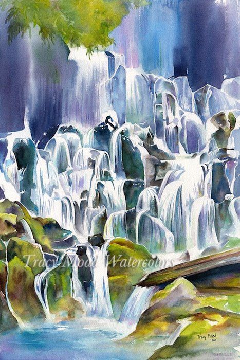 Watercolor painting of a multi-tiered waterfall cascading over mossy rocks into a pool of water, with blue and green tones.