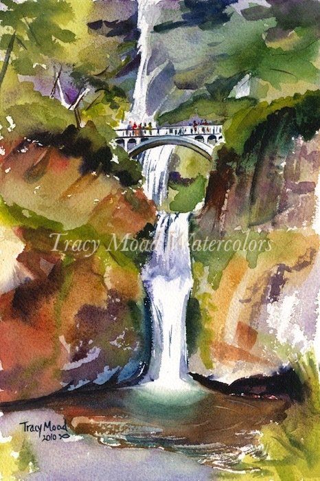 Watercolor of a waterfall with a bridge above, surrounded by green foliage and brown rock.