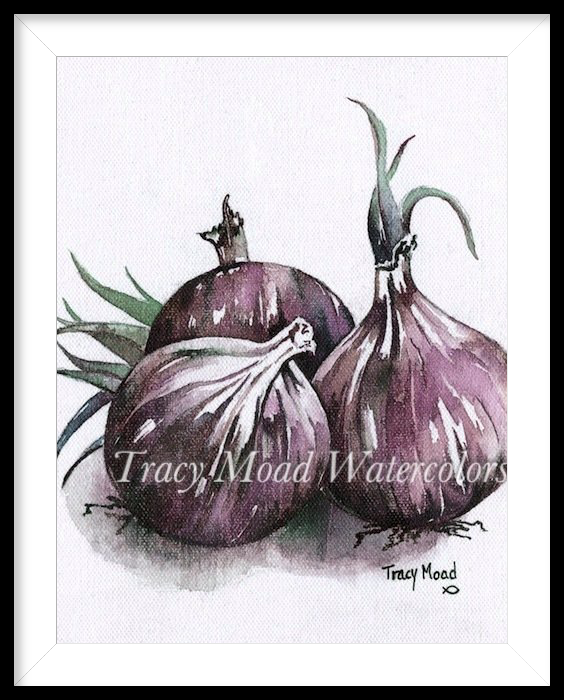 Watercolor painting of three red onions, some with green shoots, on a white background.