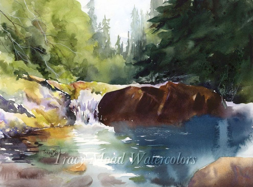 Watercolor of a river scene with a waterfall, large rocks, and trees, in shades of green and brown.