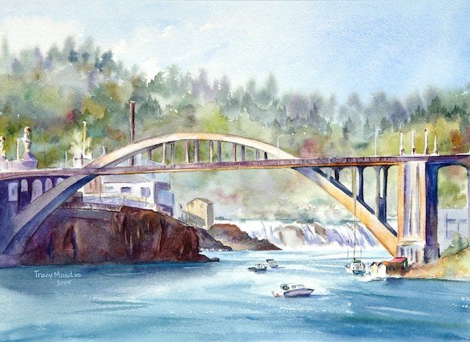 Watercolor painting of a concrete bridge over a river with a waterfall; boats on the water, trees in the background.