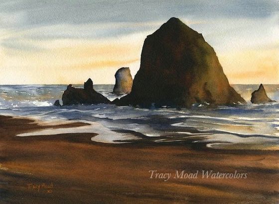 Watercolor painting of a rocky coastline. Brown and blue hues, water washing the shore, large rock formation.