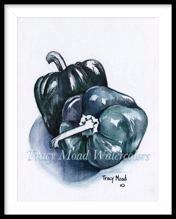 Two green bell peppers watercolor painting.