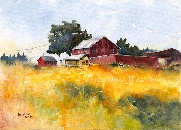 Watercolor painting of a red barn and outbuildings set in a golden field, under a hazy blue sky.