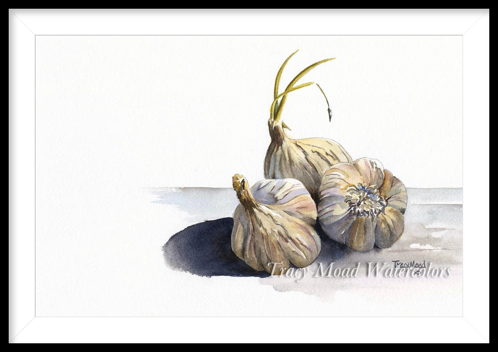 Three garlic bulbs with textured skin and sprouting green shoots, cast shadows on a light surface.