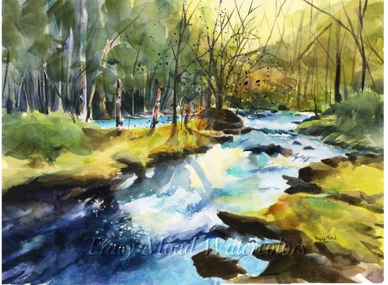Watercolor painting of a river flowing through a forest with trees and green foliage.
