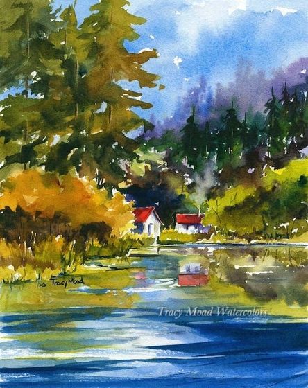 Watercolor painting of two houses with red roofs reflected in calm water. Green and gold trees surround the houses.