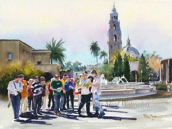 People in a plaza with a fountain and a tall tower. Sunny day, shadows cast.