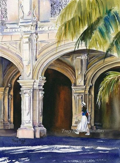 Arched building with a figure in a white dress and palm fronds.