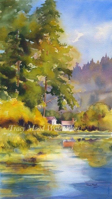 Watercolor painting of a lakeside scene with trees, a small house, and hazy mountains in the background.