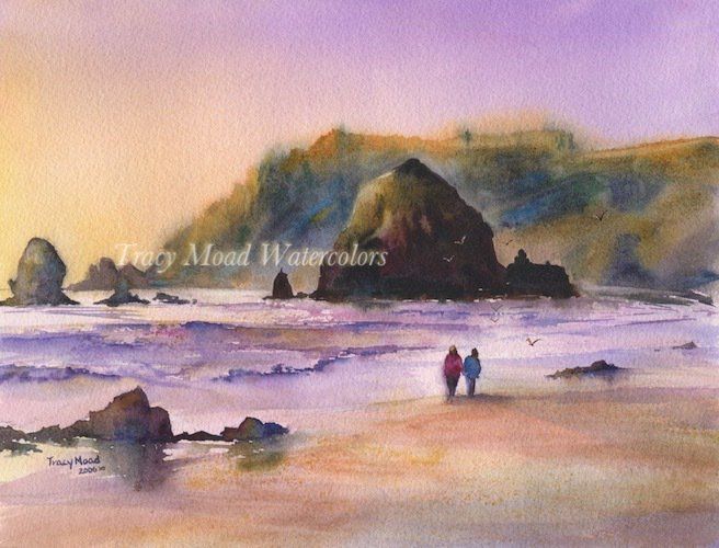 Watercolor of two people walking on a beach at sunset, with rock formations and purple and orange hues.