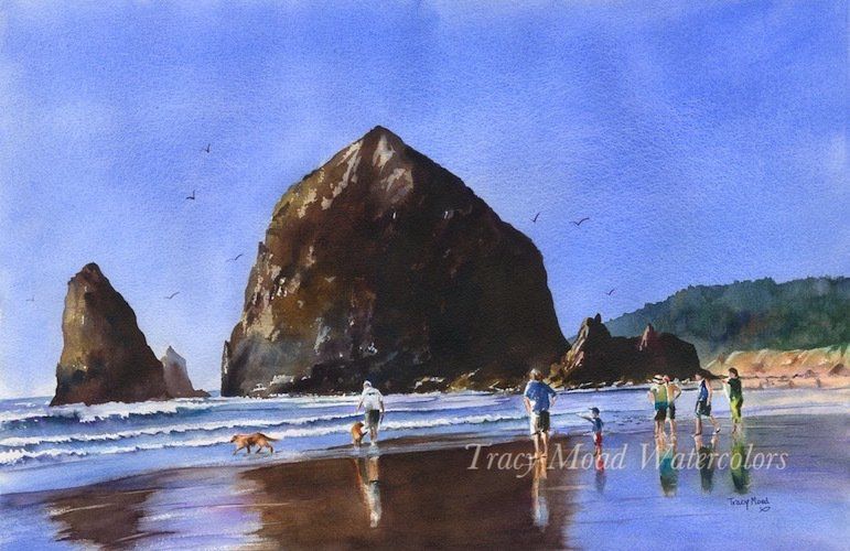 Watercolor painting of Cannon Beach in Oregon. Large rock formation, people walking on wet sand, blue sky.