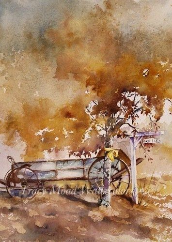Watercolor painting of a weathered wheelbarrow leaning against a wooden post, beneath a tree. Browns and yellows dominate.