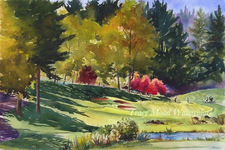 Golf course watercolor painting; green grass, colorful trees, and small pond.