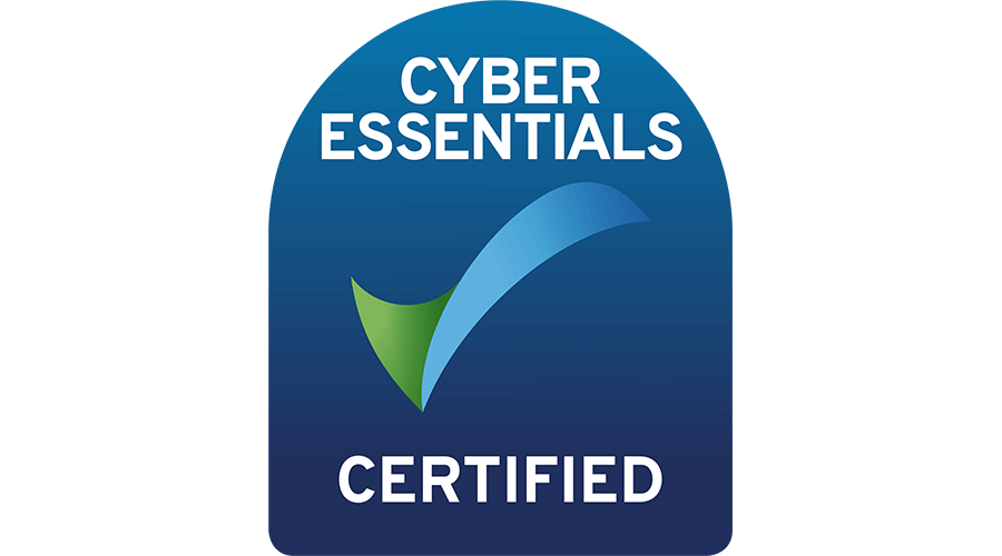 Cyber Essentials Certified logo: Blue arch with white text and a checkmark.