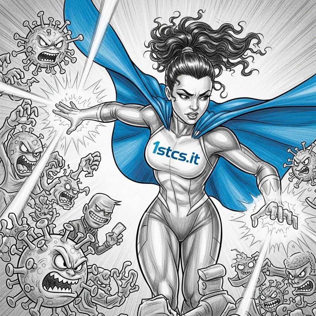 Superheroine battling angry virus monsters, wearing a blue cape and suit, with the logo 