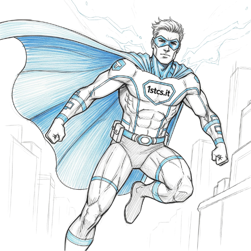 A superhero with a blue and white suit, cape, and mask soars above a city, with the text