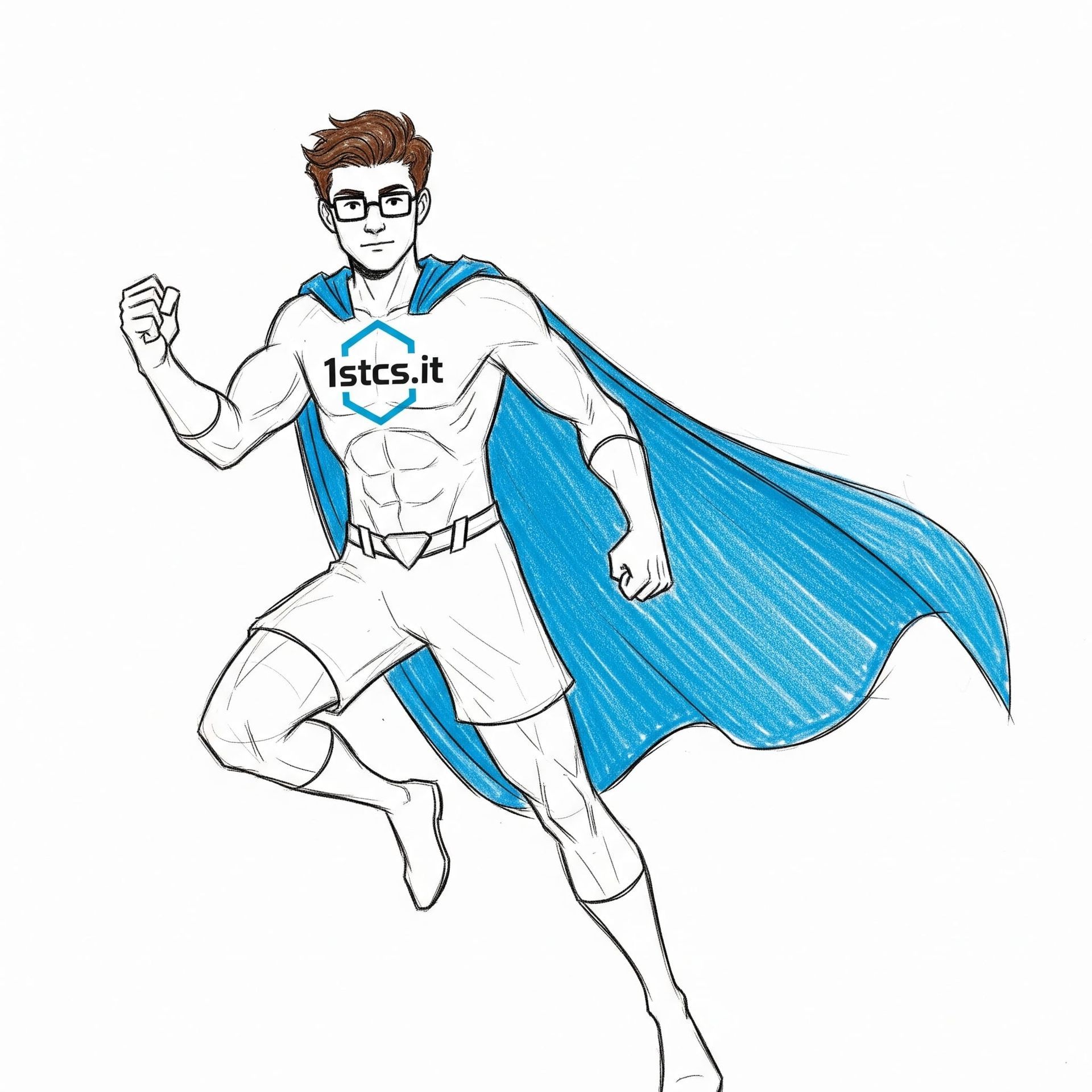 A superhero in blue cape and glasses, with the website logo on his chest, flying.