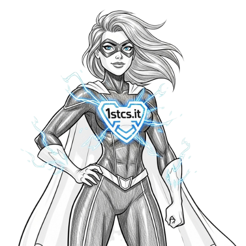 Superheroine with flowing blonde hair, blue mask, and lightning radiating from chest, wearing a cape.