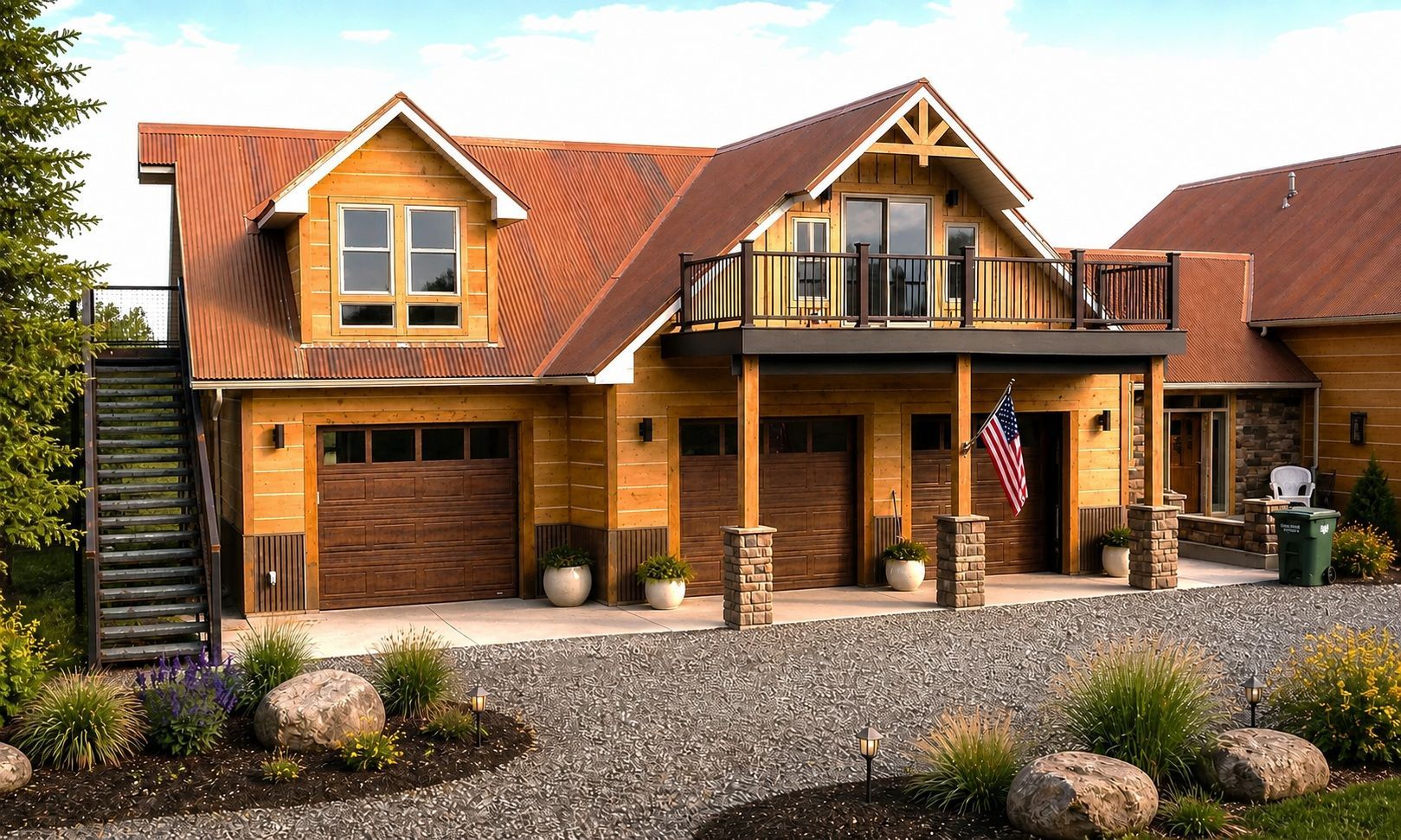 Rustic wooden house with gabled roof, balcony, garage, and American flag in a gravel yard