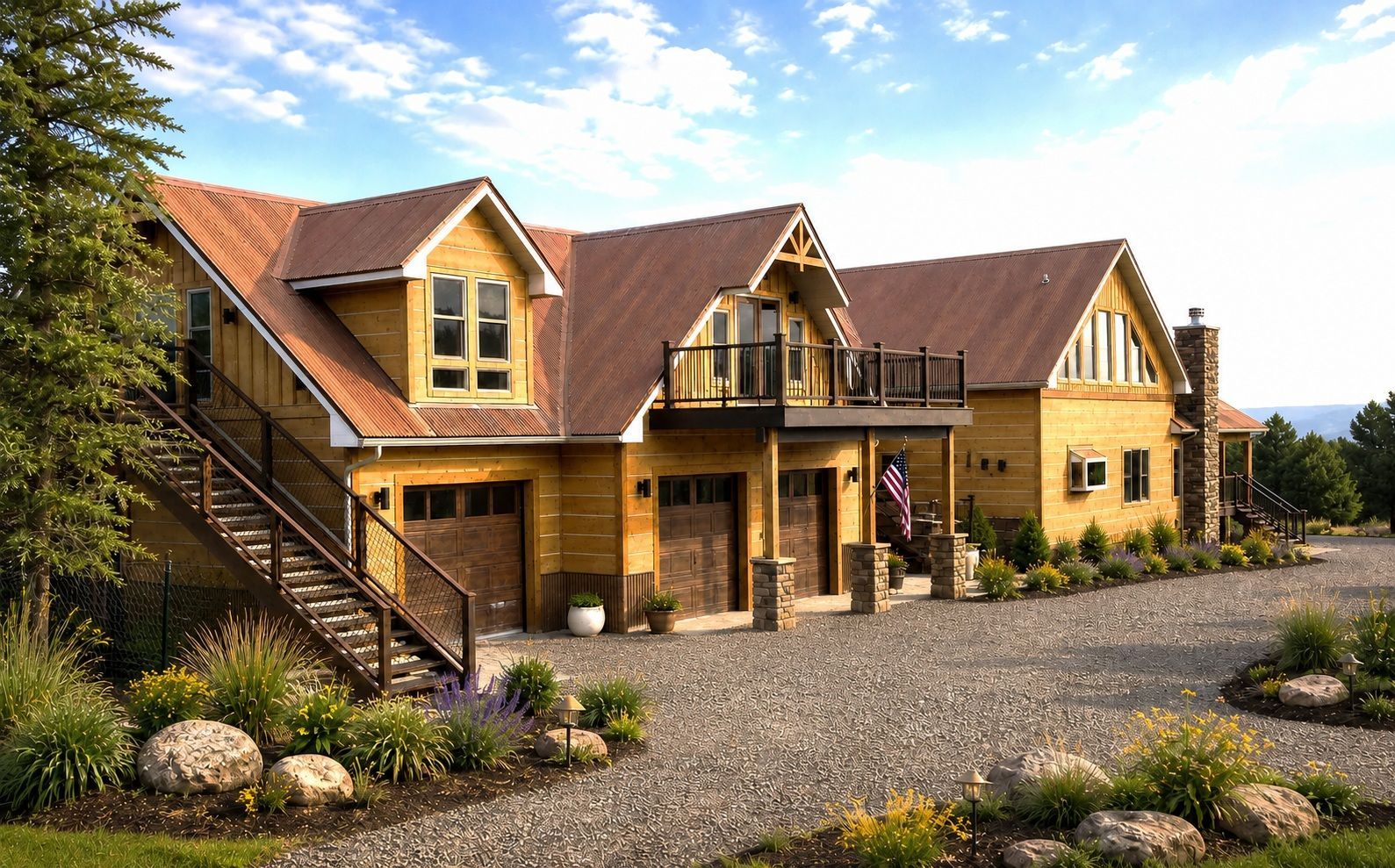Sunlit wooden cabin homes with red roofs beside a gravel driveway and garden by the coast