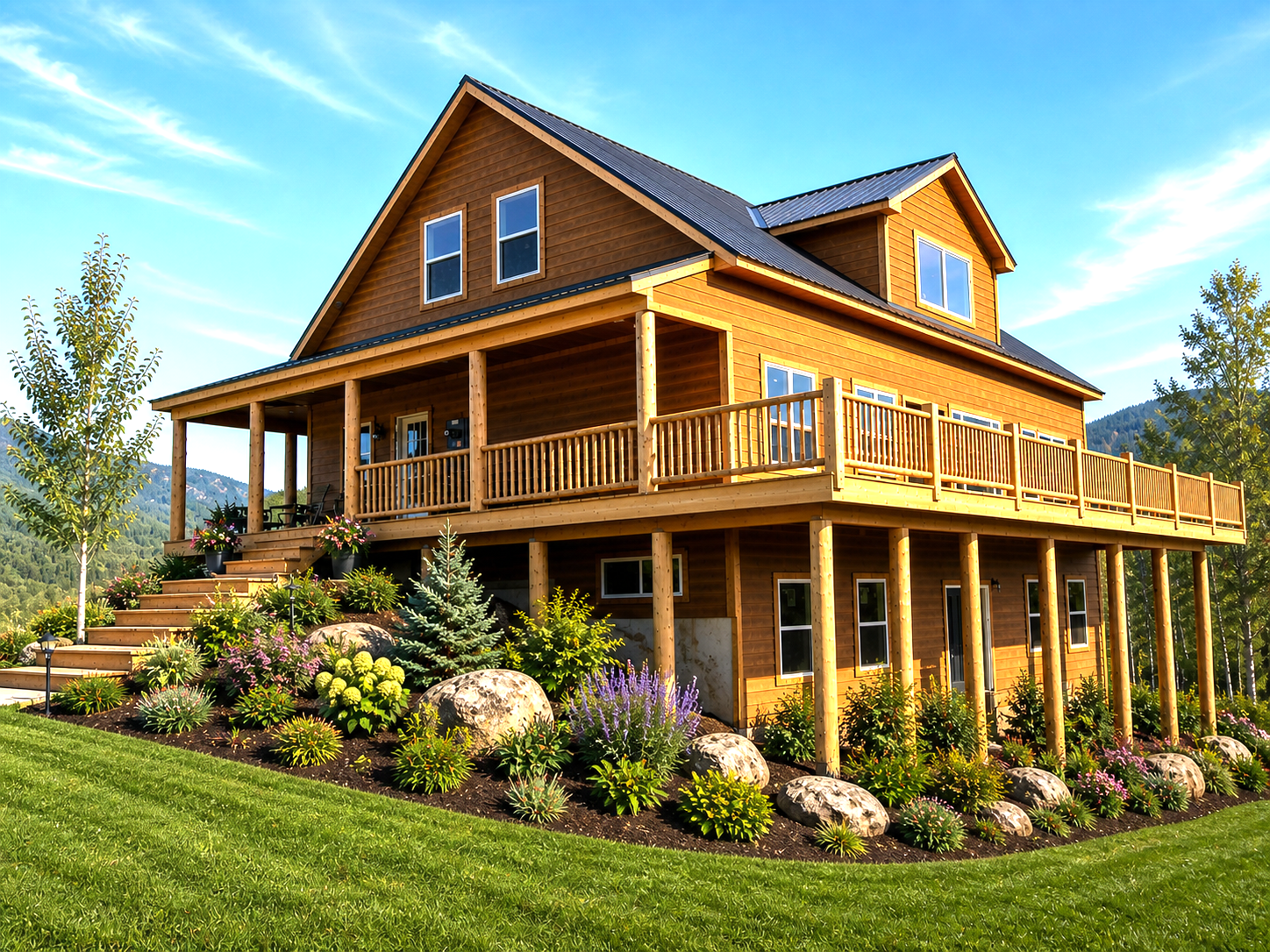 Modern two-story wooden house with wraparound porch, large windows, and landscaped garden on a sunny hillside