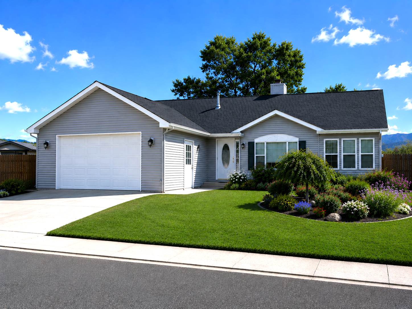 Single-story suburban house with a white garage, green lawn, and landscaped front yard under a blue sky