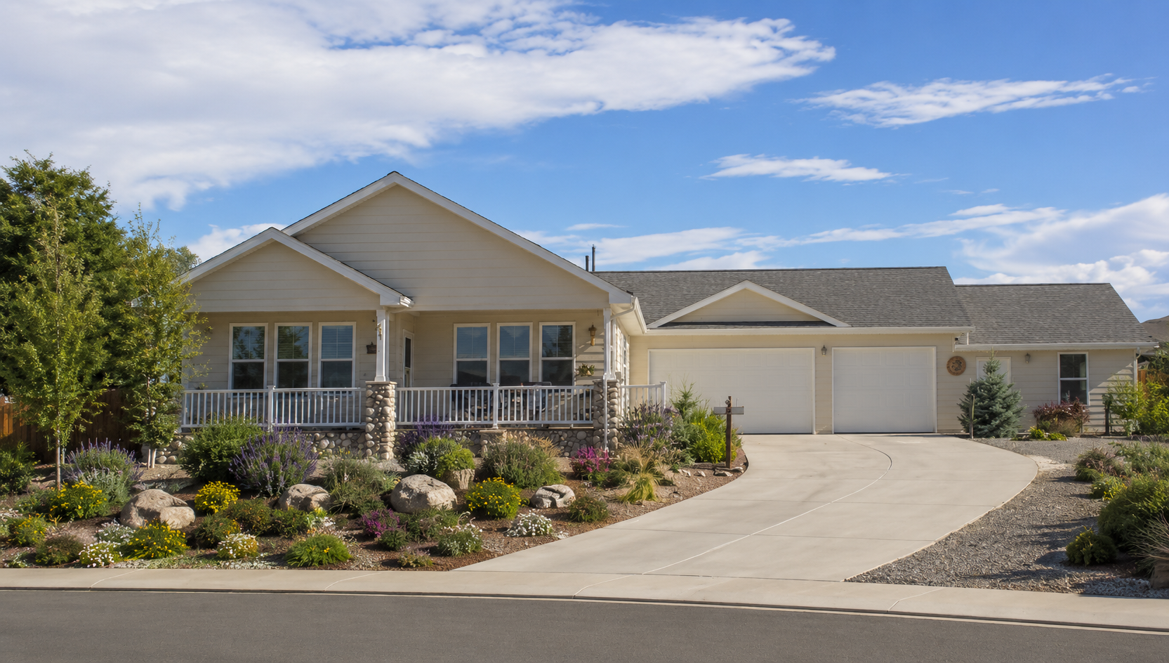 Single-story beige house with a wide driveway, garage, and landscaped front yard under a blue sky