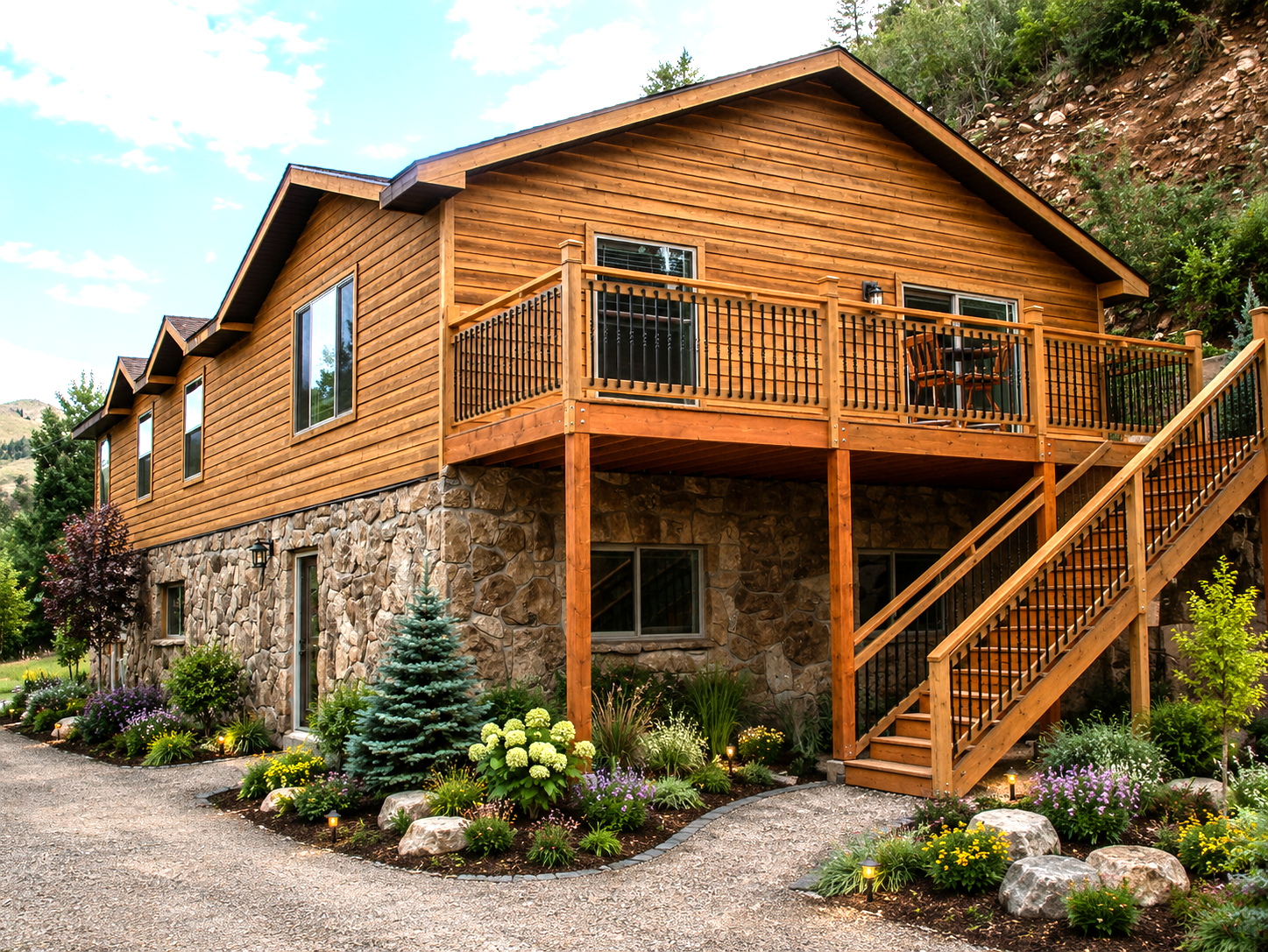 Rustic wood-and-stone cabin with a balcony, stairs, and landscaped garden beside a gravel path