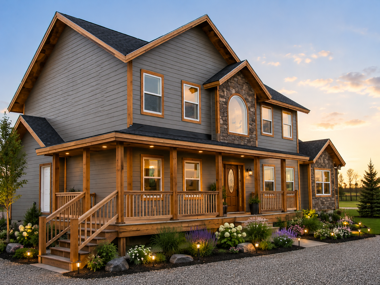 Two-story gray house with wood porch and warm lights at sunset