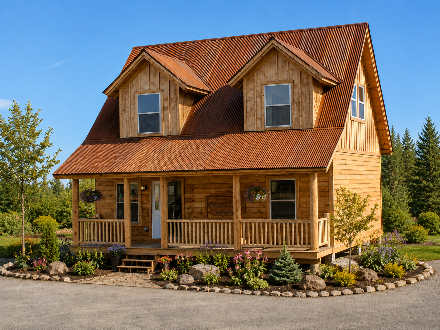 Wooden house with red roof and wraparound porch, surrounded by landscaping under a clear blue sky