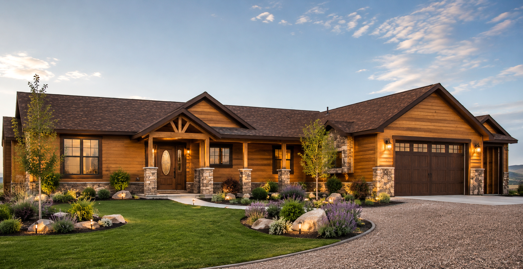 Rustic single-story house with stone and wood exterior, lit porch, garage, and landscaped front yard at dusk